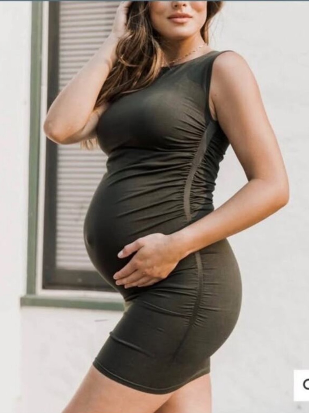 Blanqi Everyday Olive Green Maternity Tank Sleeveless Ruched Dress Size L / XL